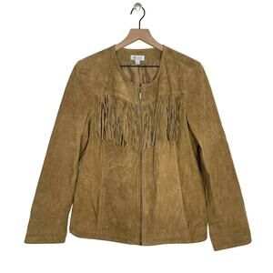 Denim & Co Suede Jacket Women's Size Large Chestnut Zip Front Fringe Western Tan